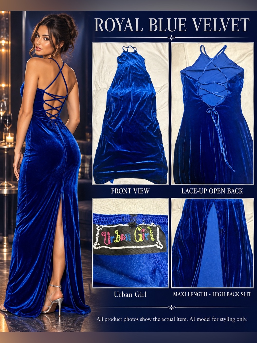 VTG 90s Urban Girl Royal Blue Velvet Maxi Dress Corset Back High Slit formal